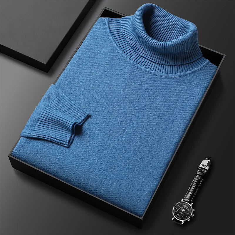 Luxe turtleneck sweater, worn side view