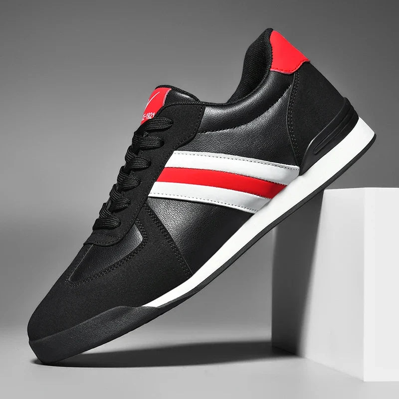 Retro contrast sneakers, black with white stripe and red heel accent