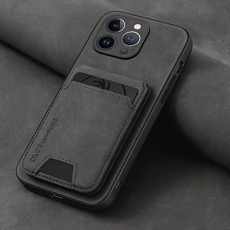 Charcoal suede leather phone case with card holder pocket and stitched details