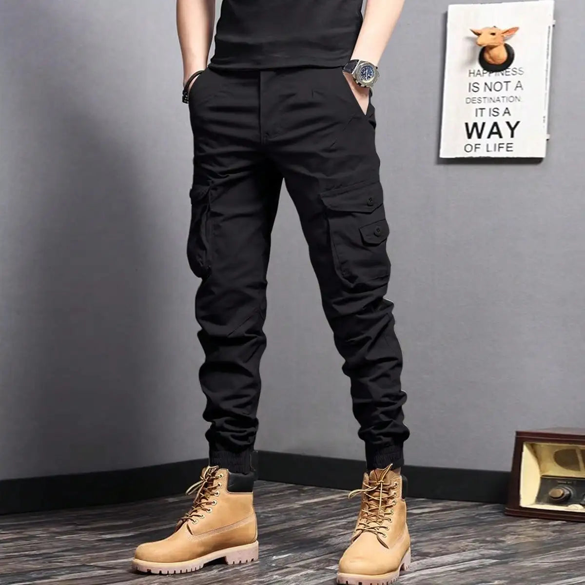 Rugged everyday cargo pants, black color view