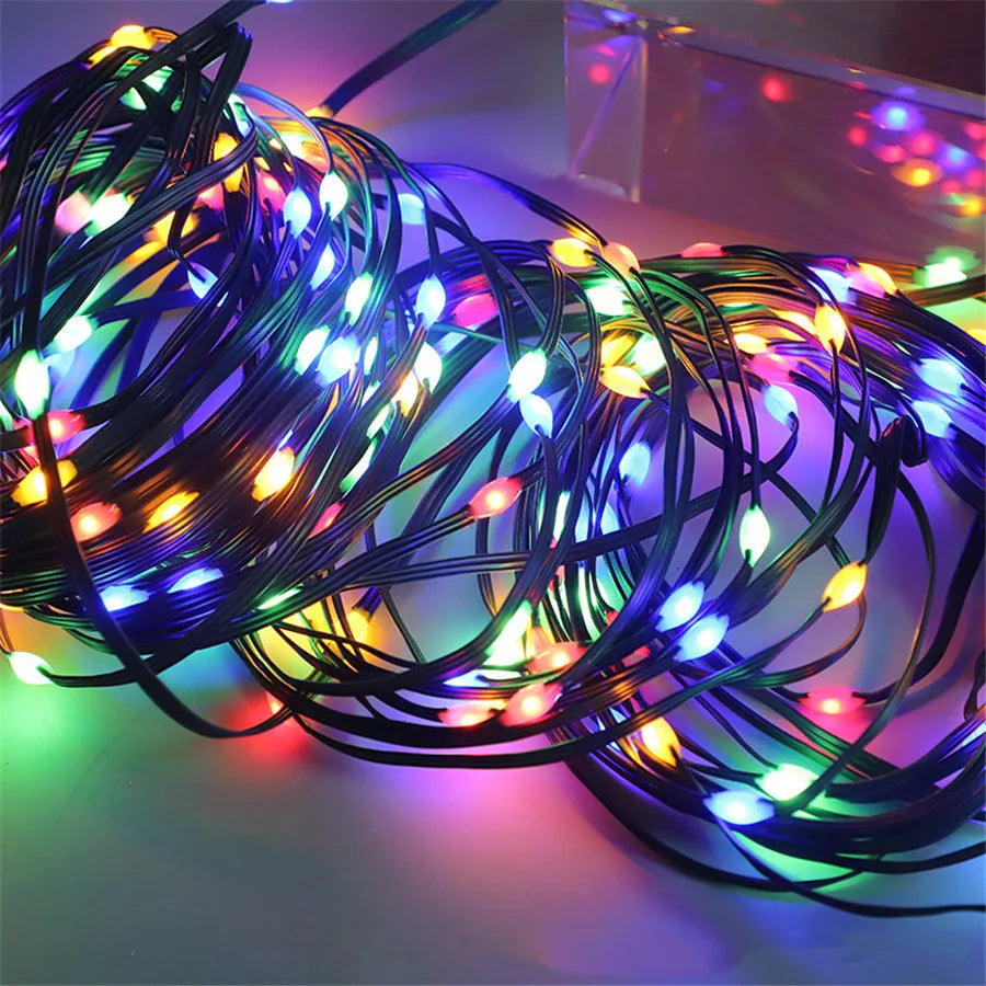 Outdoor LED rope string lights with multicolor bulbs on green wire rope