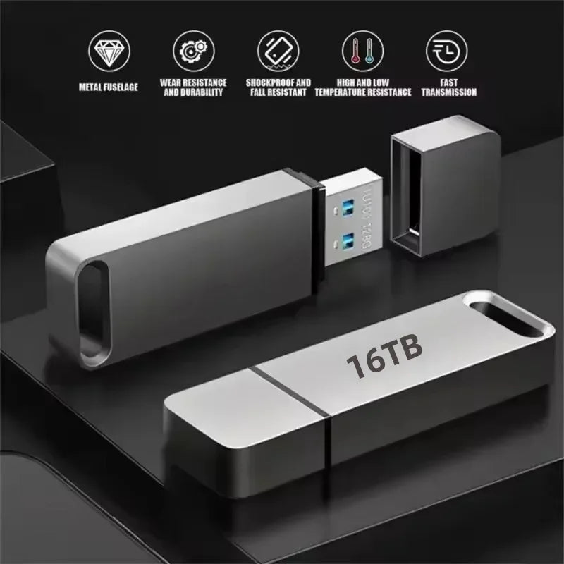 Grey waterproof USB flash drive with 16TB label and USB plug