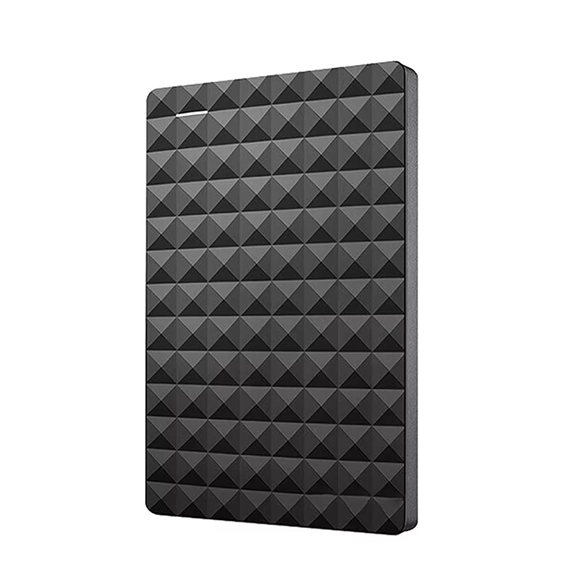 Black external hard drive with textured geometric surface and rounded corners