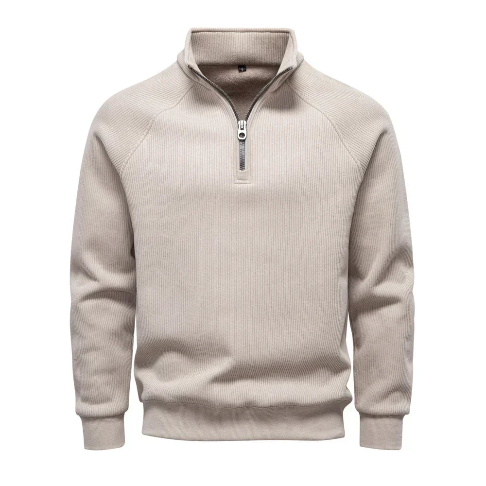 Men's beige knit half-zip sweater with ribbed collar and cuffs
