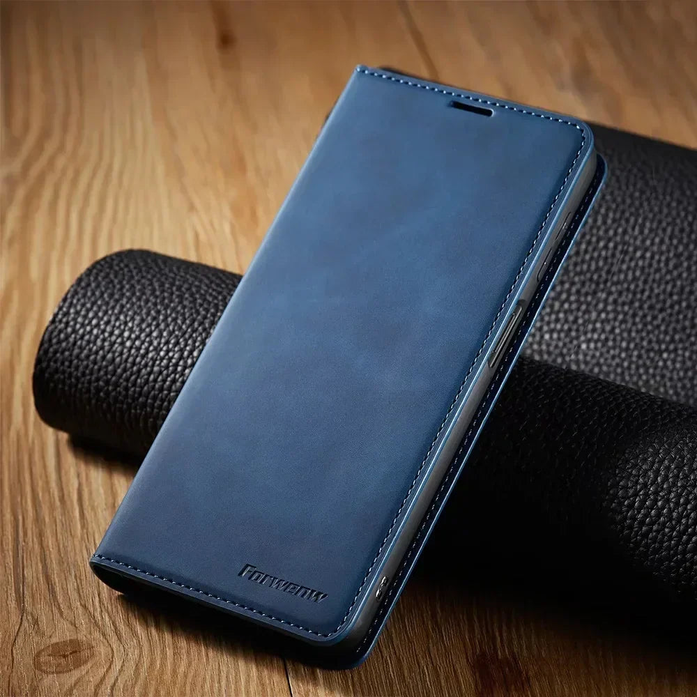 Magnetic leather wallet phone case; blue flip cover with stitched trim
