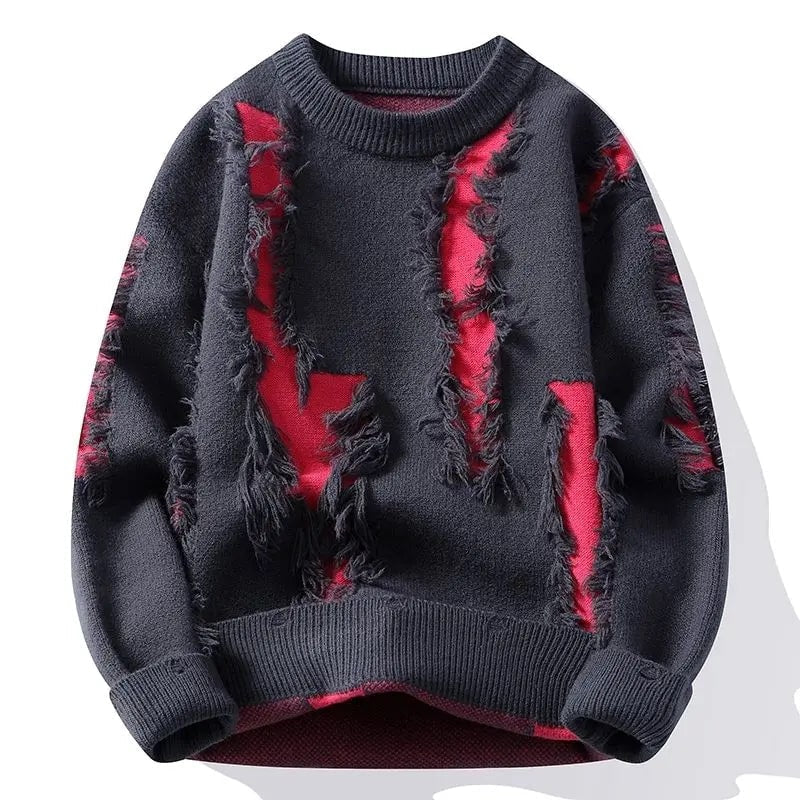 Textured frayed crewneck sweater, worn front view