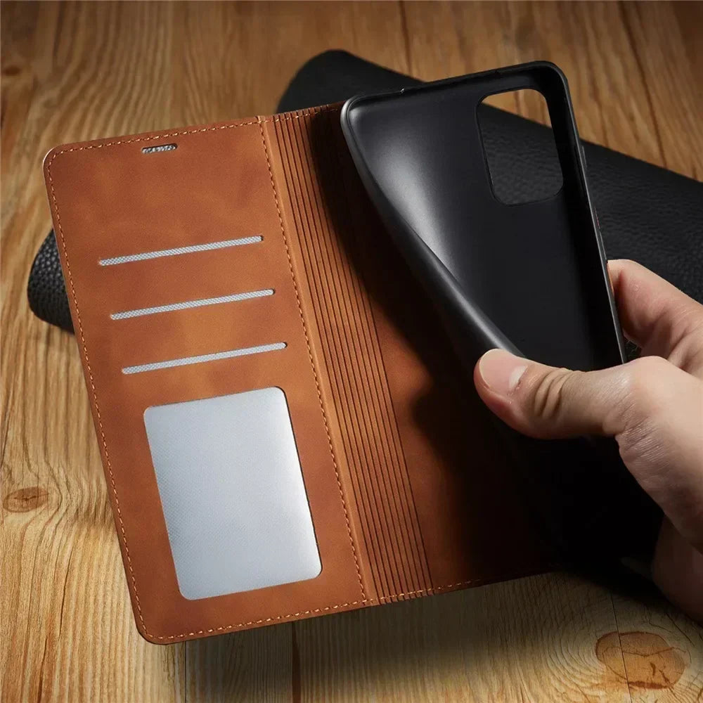 Magnetic leather wallet phone case; brown with card slots and cash pocket, flip open