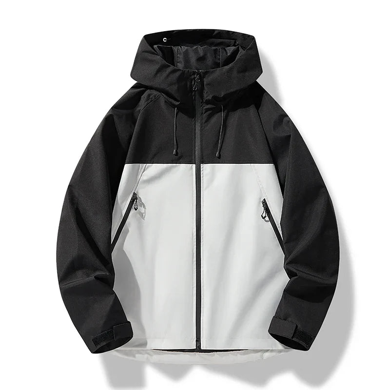 Men's adjustable hooded shell jacket in black and white, full-zip with drawstring hood.