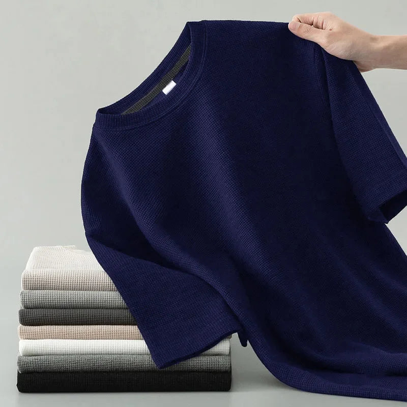 Blue waffle knit tee with crew neck and short sleeves