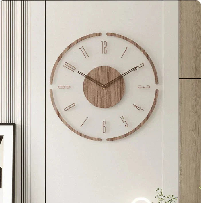 Solid wood wall clock with circular wood rim, wood center disc, and slender hands