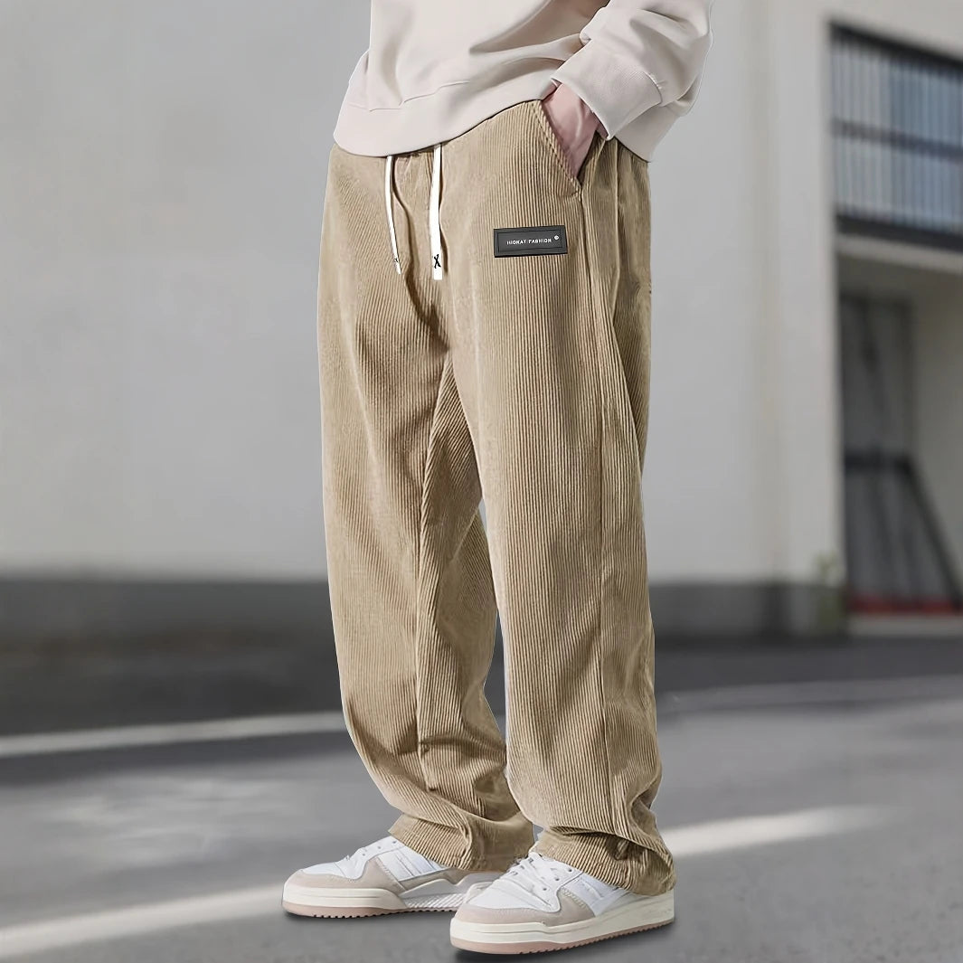 Corduroy sweatpants with deep pockets, front view