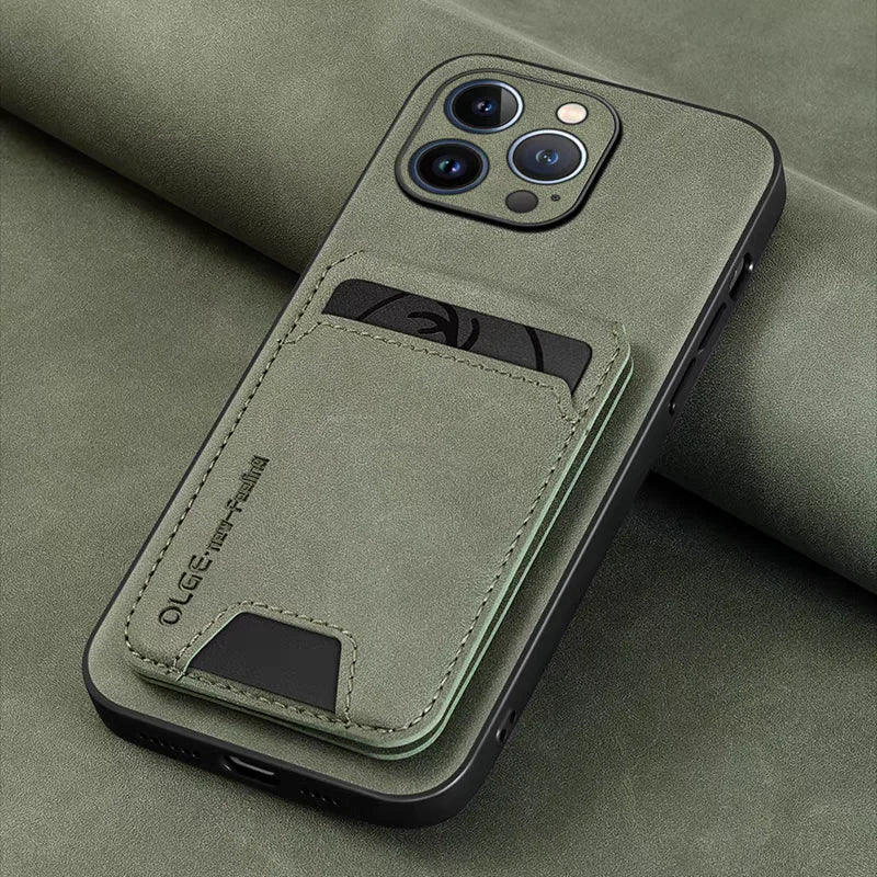 Military green suede leather phone case with card holder pocket and stitched details