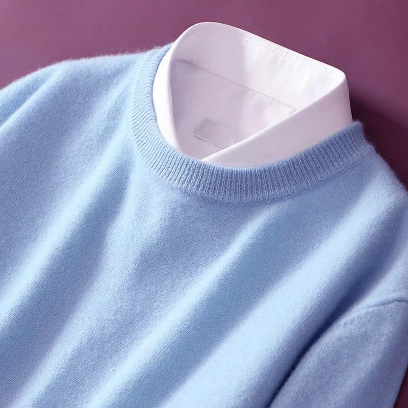 Men's ribbed crew neck sweater in sky blue, with ribbed neckline and cuffs.