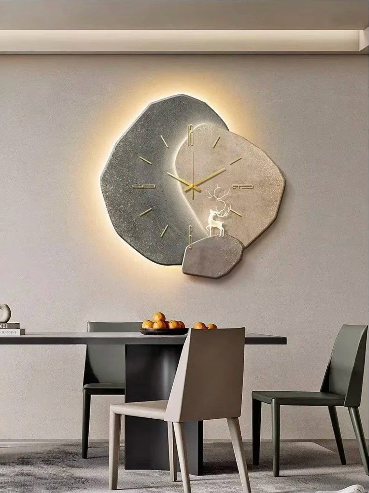 Two-tone LED wood wall clock with deer motif, gold hands, softly glowing outline