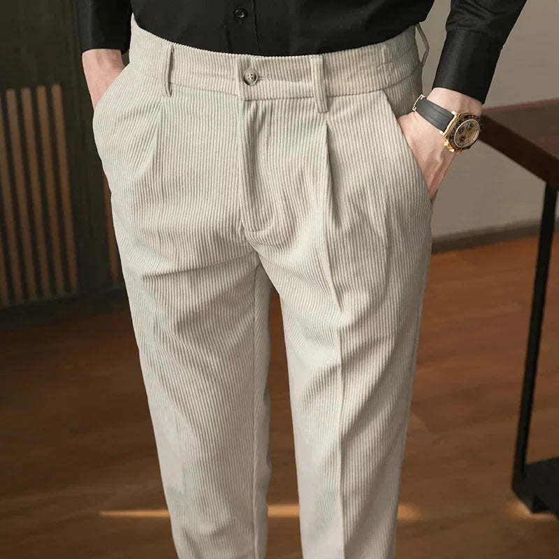 Textured slim cut trousers, khaki color view