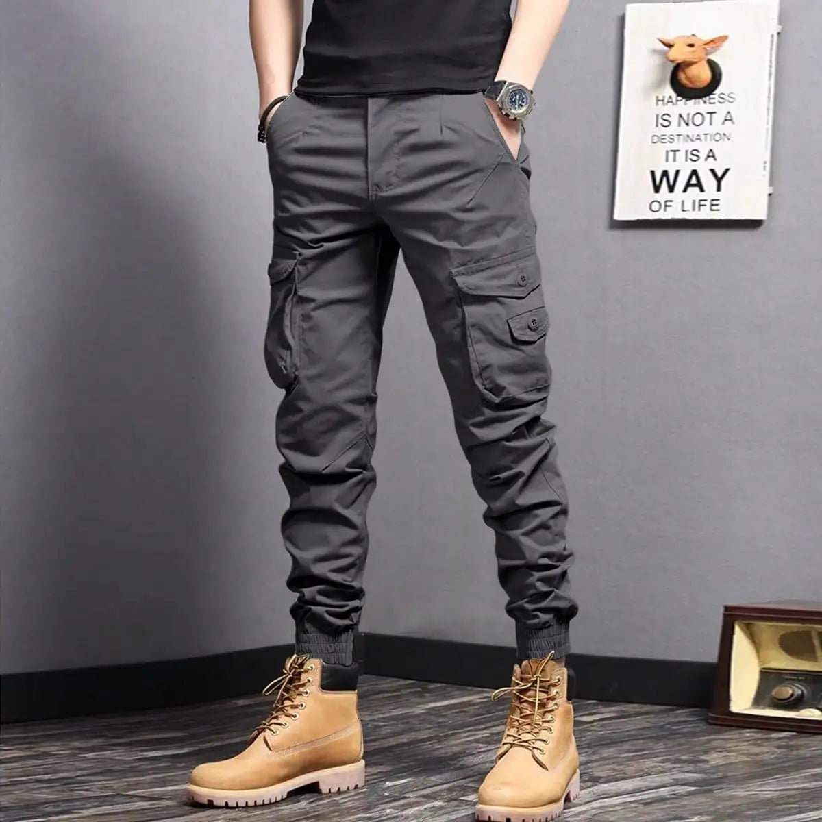 Rugged everyday cargo pants, dark grey color view