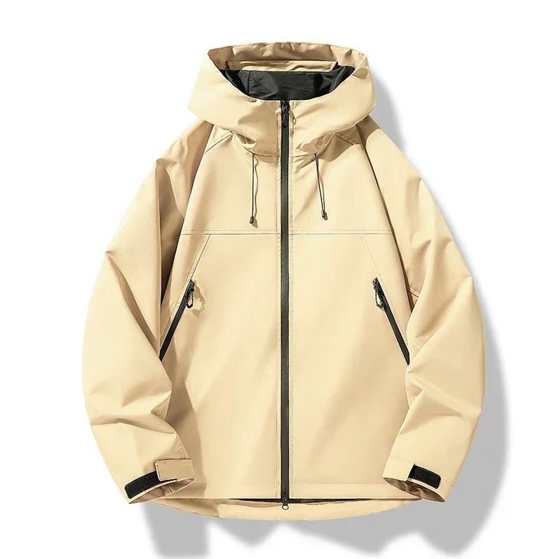 Men's adjustable hooded shell jacket in beige, full-zip with drawstring hood and zip pockets.