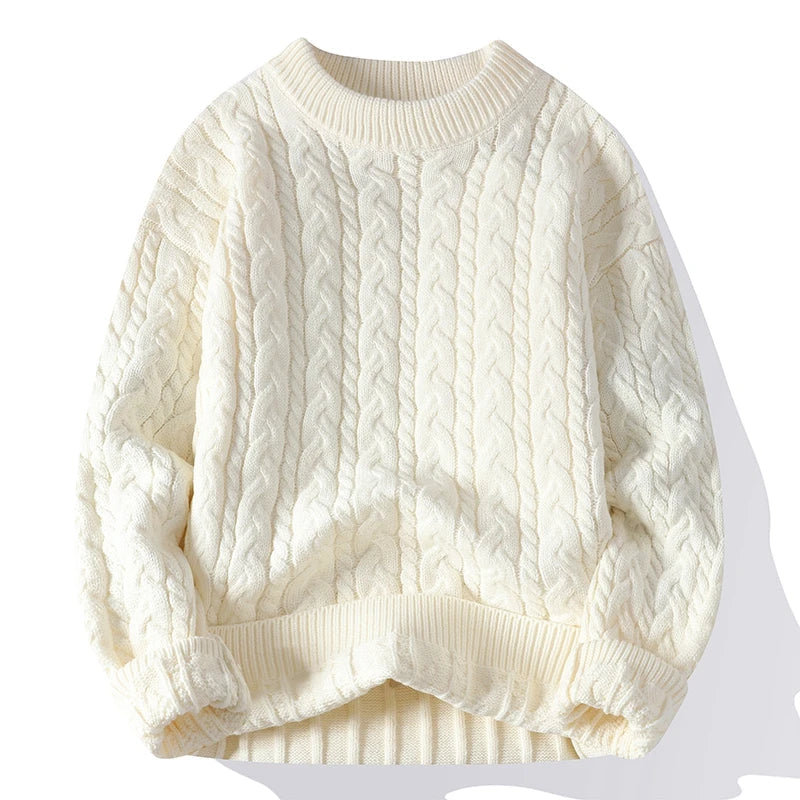 Textured cable knit sweater, white front view