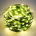 Outdoor LED rope string lights with warm white bulbs on green wire coil