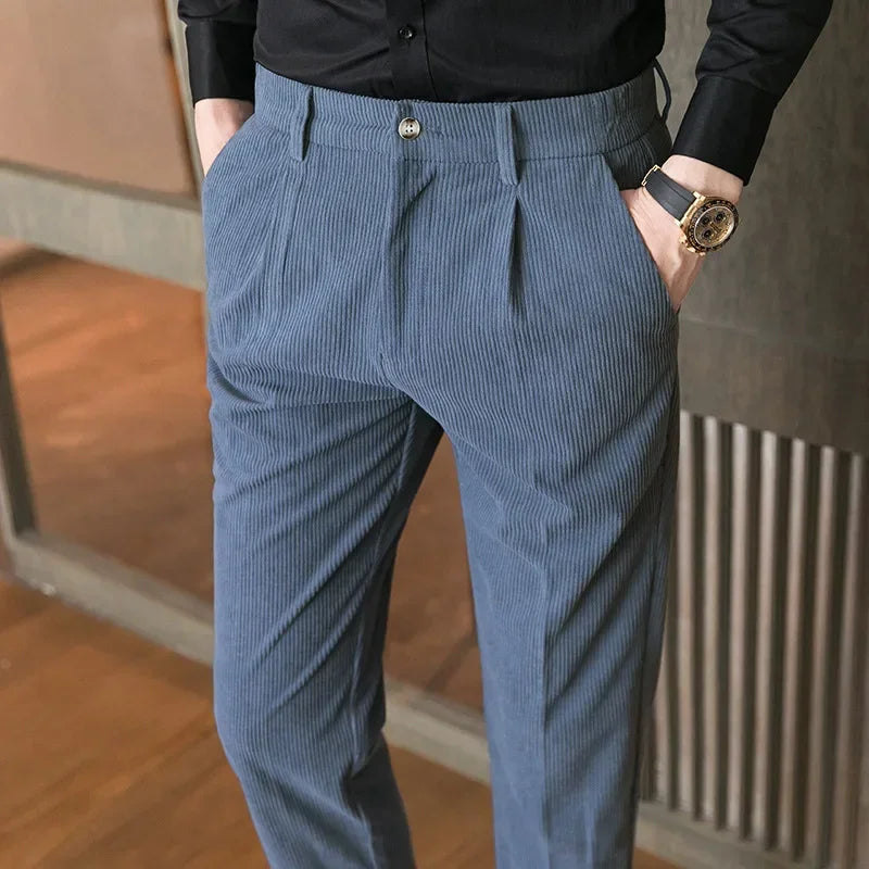 Textured slim cut trousers, blue color view