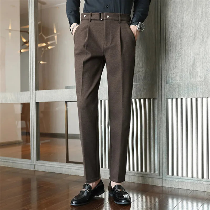 Sleek herringbone tailored trousers, side profile