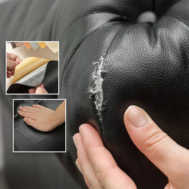 Self-adhesive leather repair patch being applied to a torn leather surface