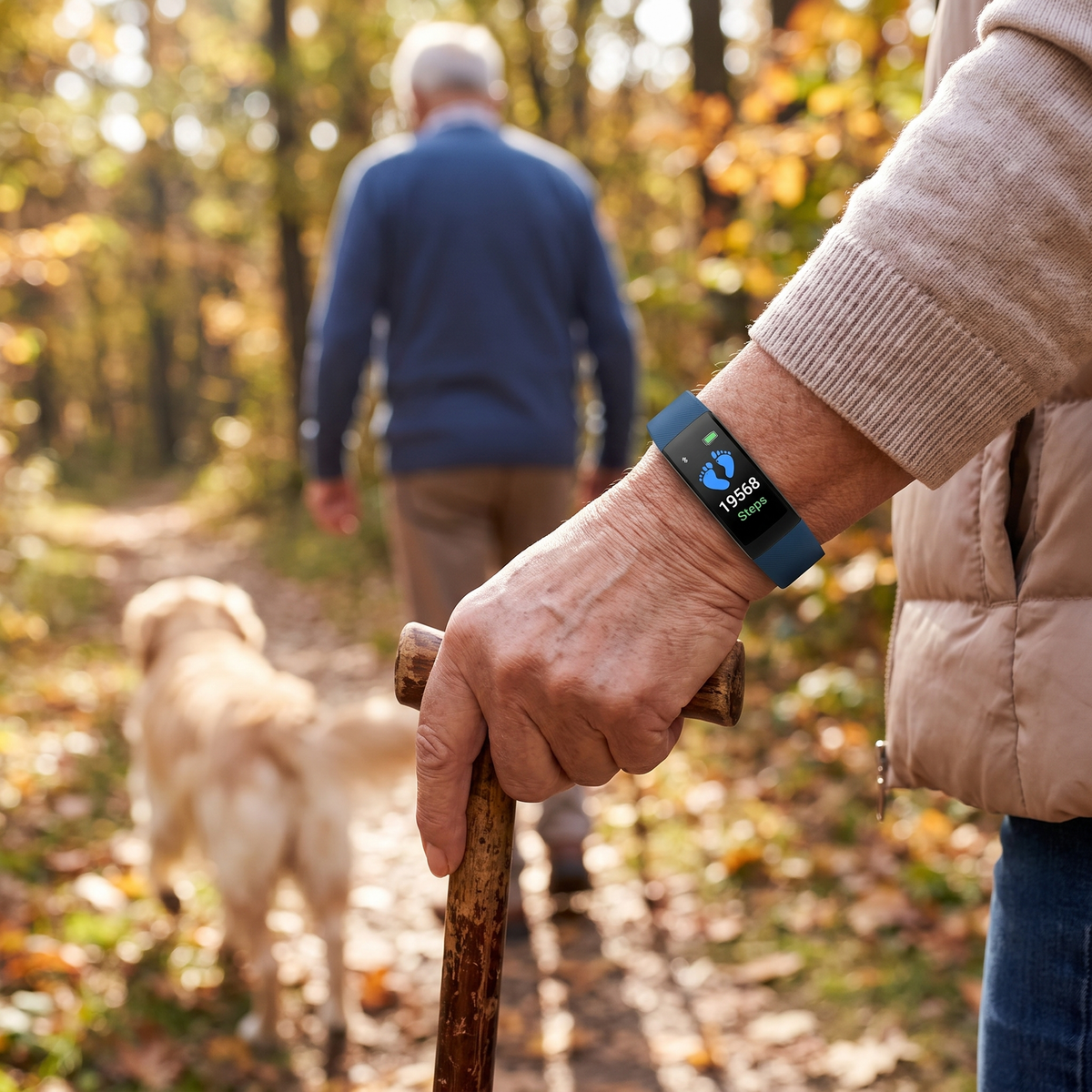 Blue smart watch worn on a person’s wrist with walking outdoors