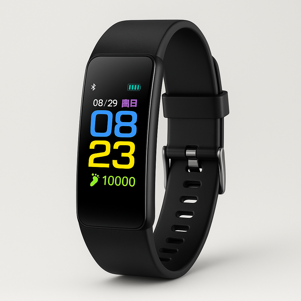Black fitness smart watch with heart rate and step display on a silicone band