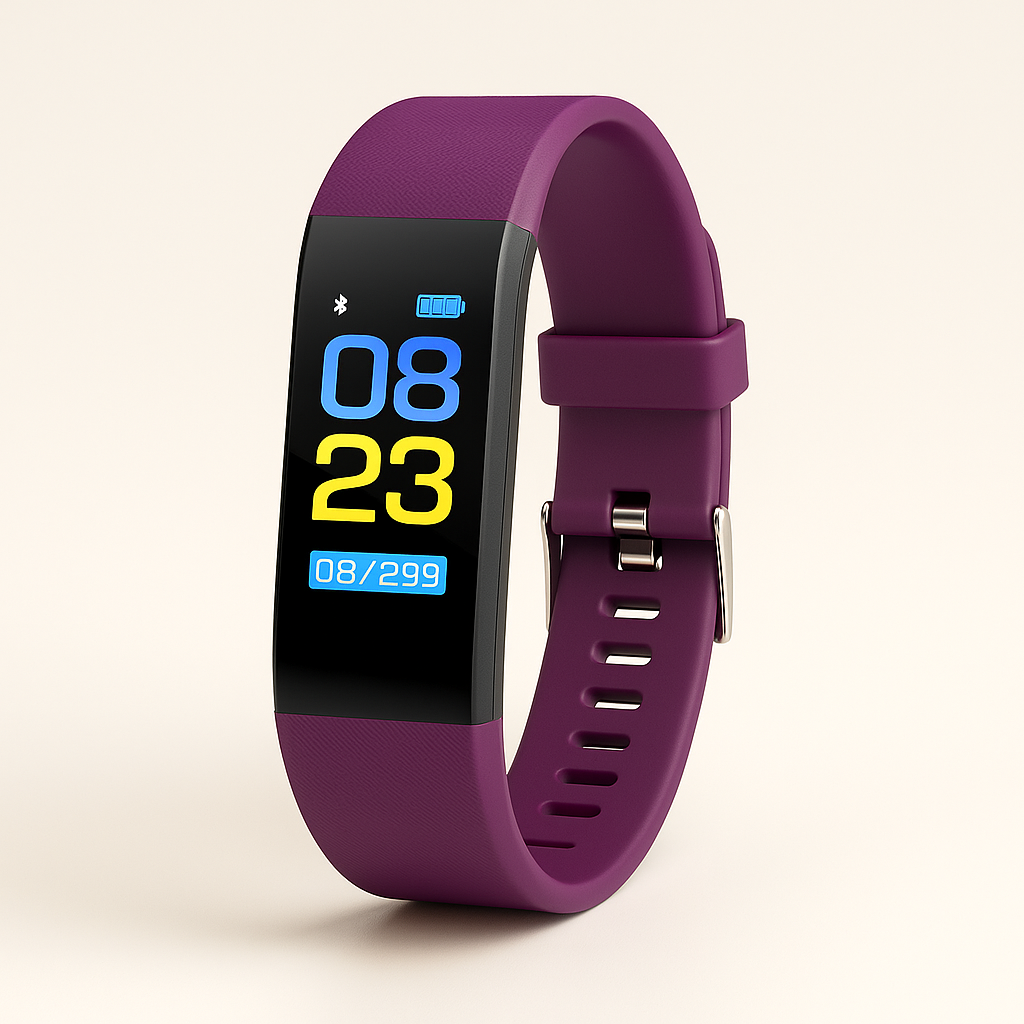 Purple fitness smart watch with step and status numbers on a silicone band