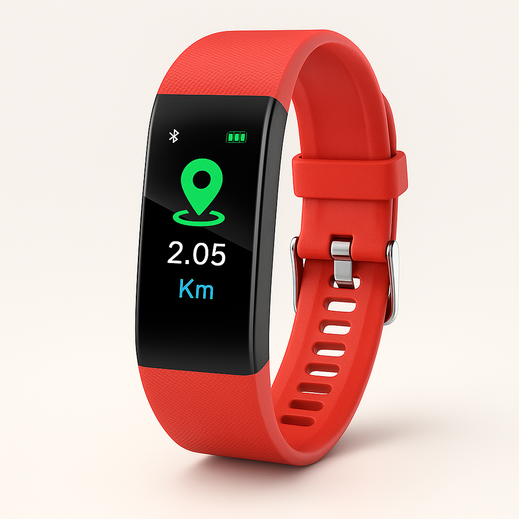 Red fitness smart watch with distance and location display on a silicone band