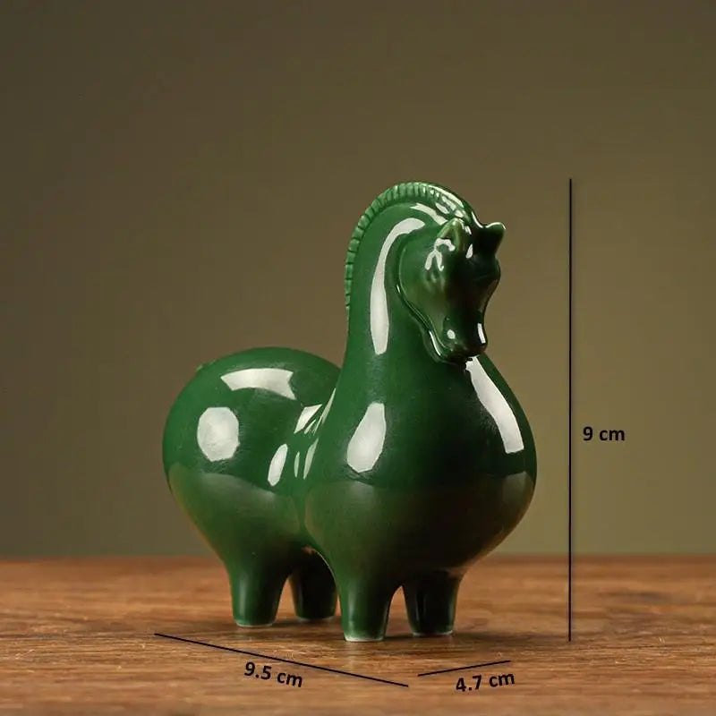 Ceramic horse figurine, dark green glossy glaze, single horse on display with size markers.
