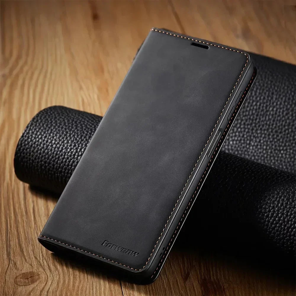 Magnetic leather wallet phone case; dark gray flip cover with stitched border
