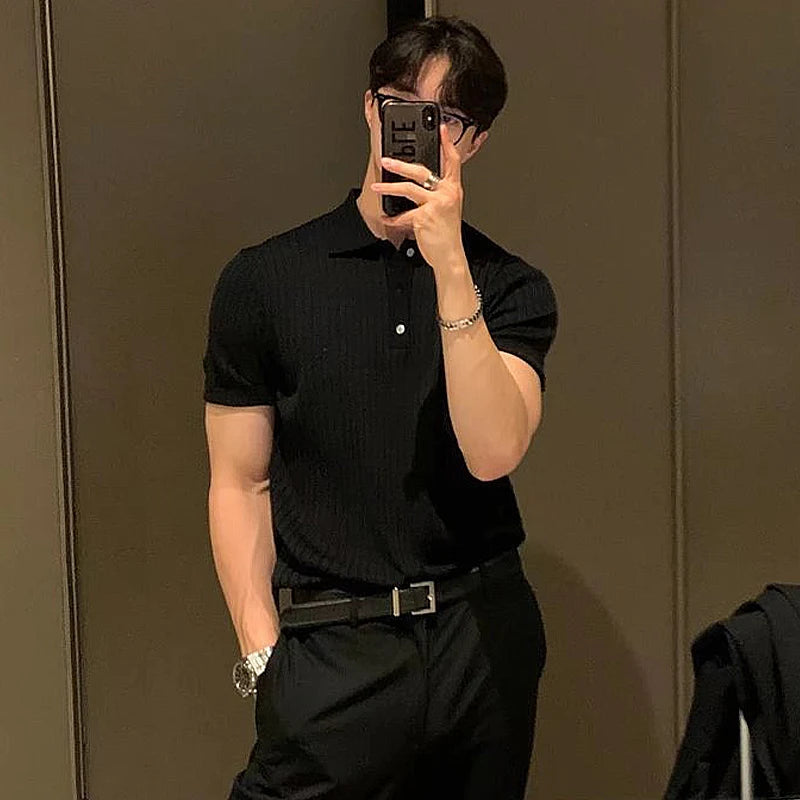 Tailored ribbed texture polo, black color view