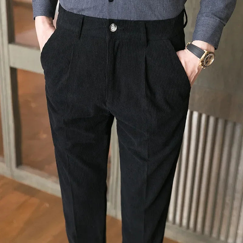 Textured slim cut trousers, black color view