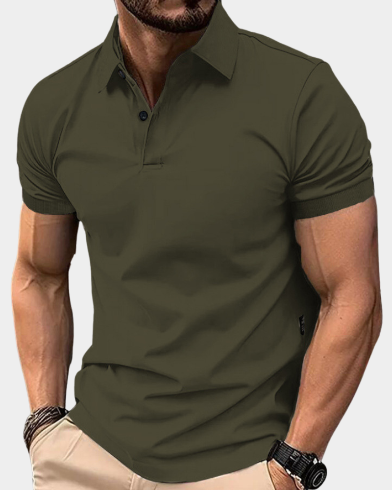 Olive green solid relaxed-fit polo shirt with short sleeves and button placket