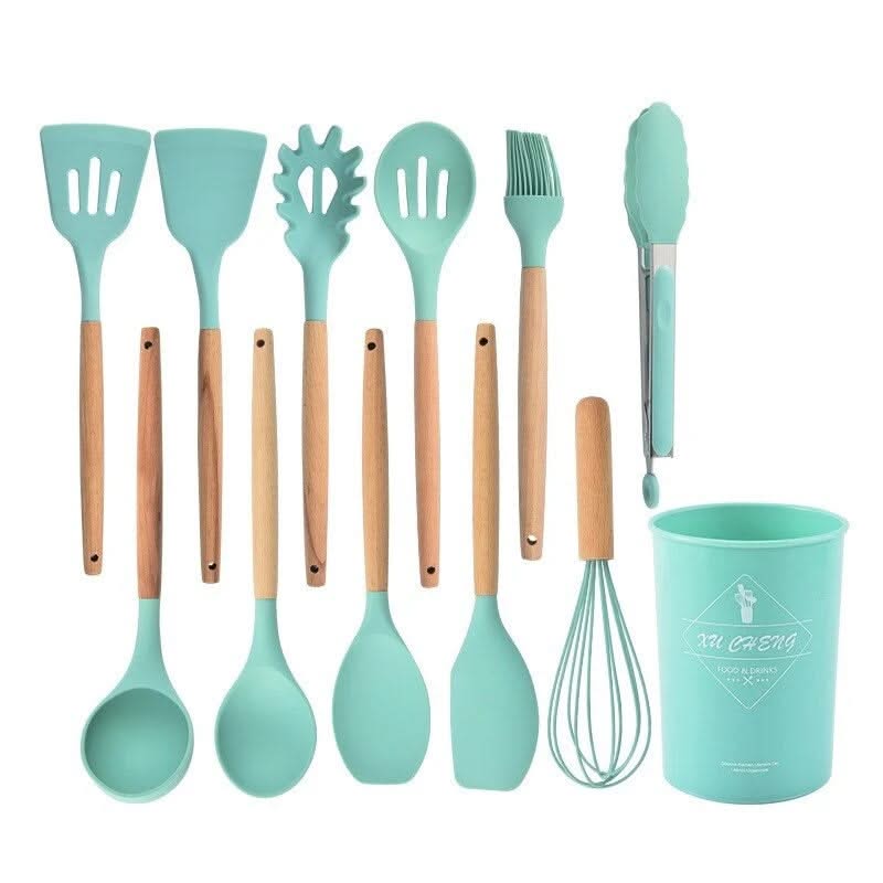 Mint silicone utensil set with wooden handles and a matching green bucket