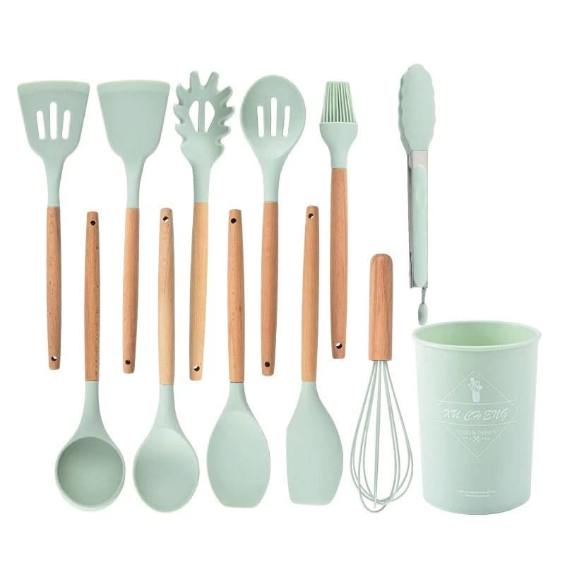 Mint silicone utensil set with wooden handles and storage cup