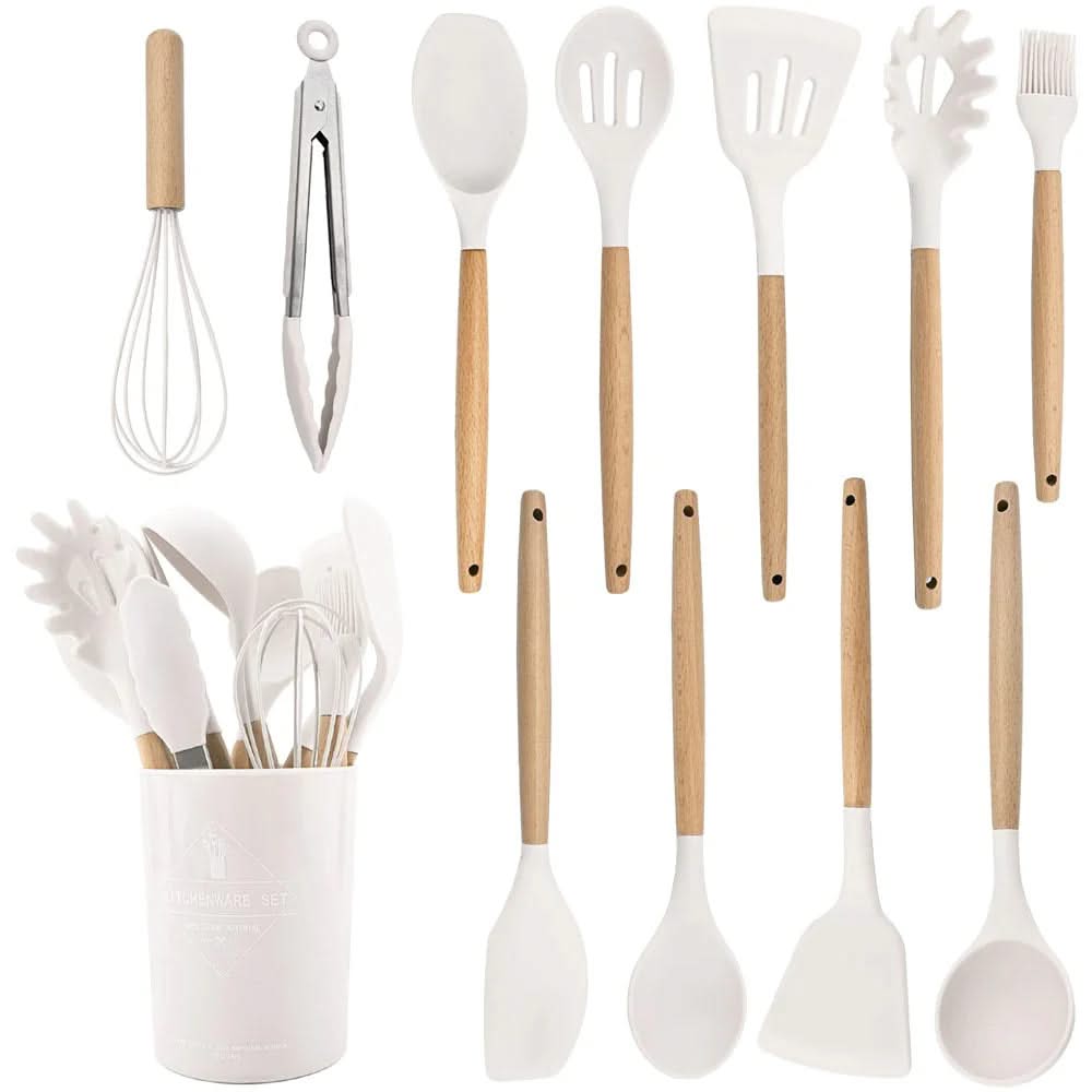 White silicone utensil set with wooden handles and whisk plus tongs