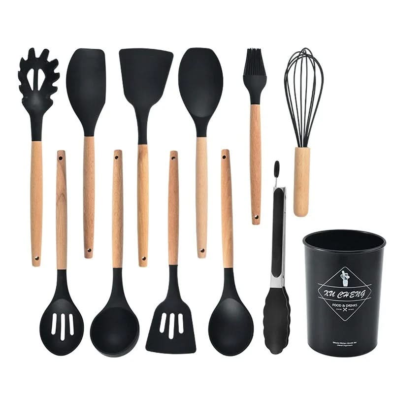 Black silicone utensil set with wooden handles and storage cup