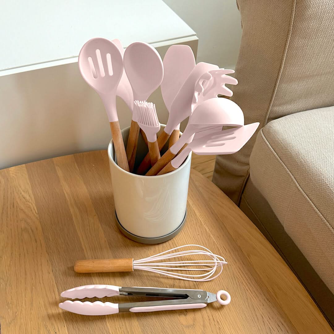 Silicone Utensil Set with Wooden Handles