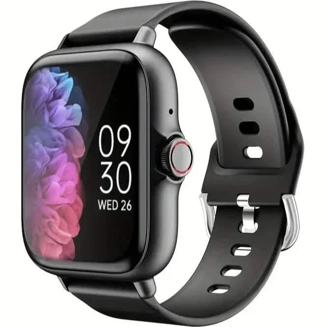 Black full touch-screen smartwatch with rounded display and silicone sport band