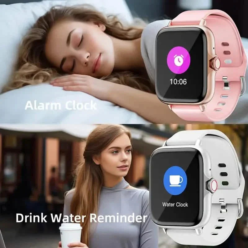 Rose-pink full touch-screen smartwatch with sleep/alarm style display and pink silicone band