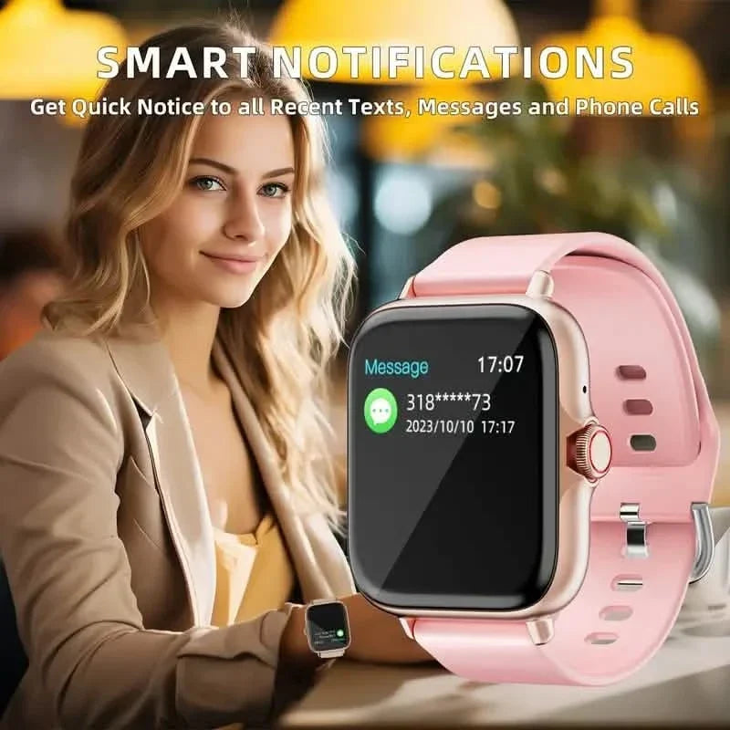 Pink full touch-screen smartwatch with rounded display and pink silicone sport band