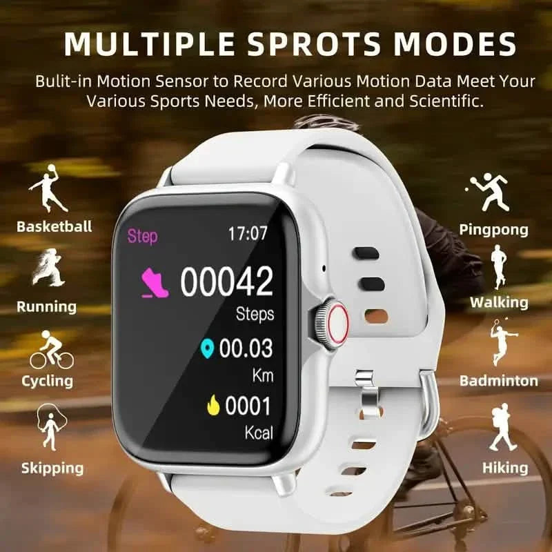 White smartwatch with full touch screen displaying step count and sports mode icons.