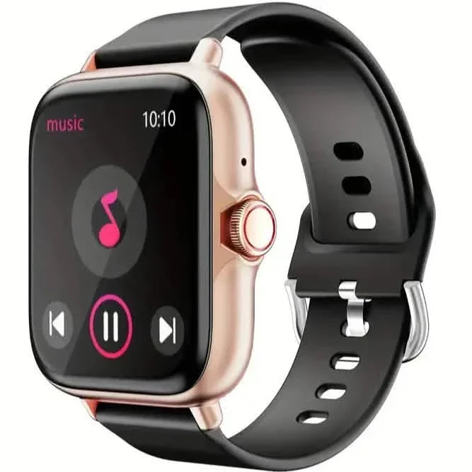 Rose-gold full touch-screen smartwatch with round bezel and black silicone sport band