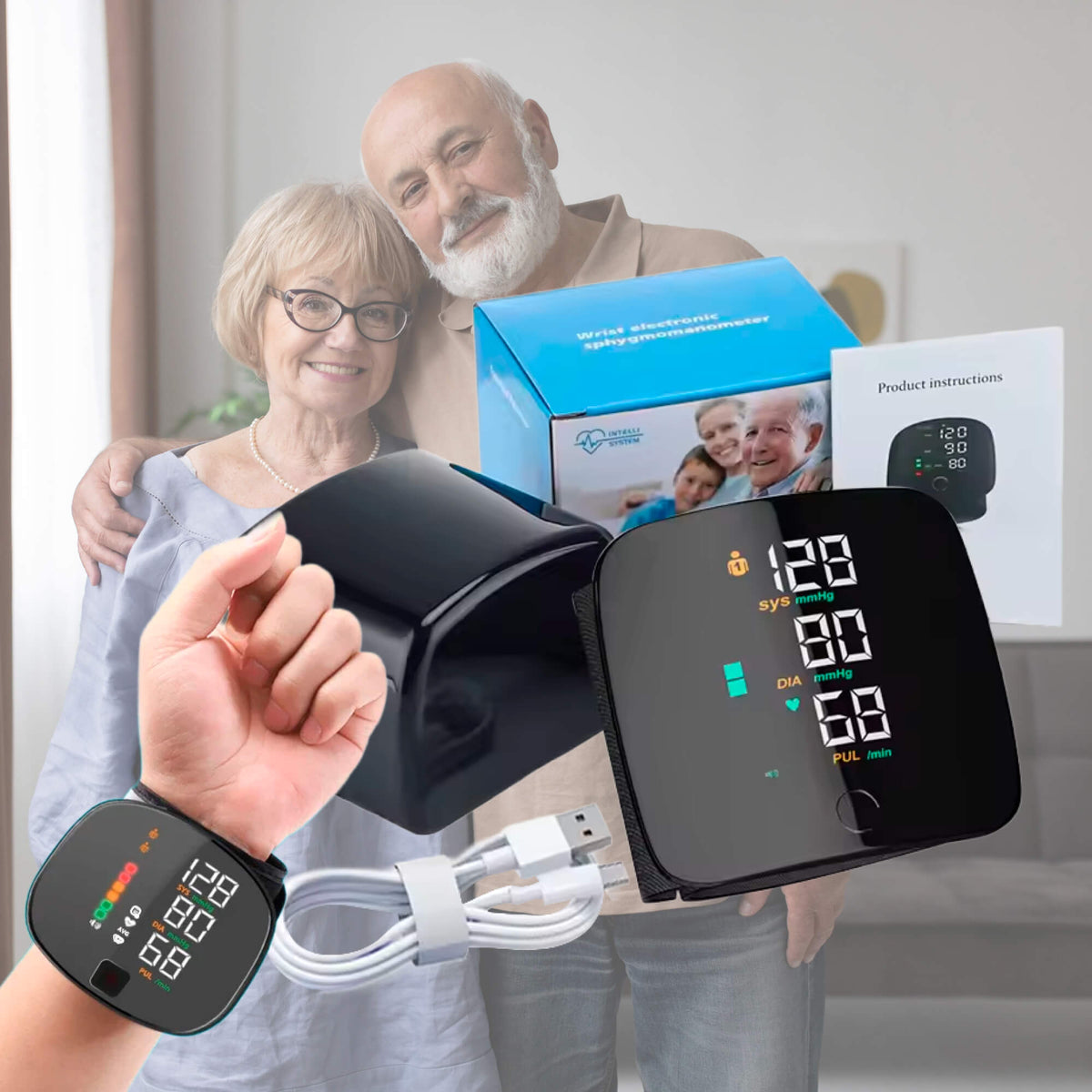 Wrist blood pressure monitor with large LCD screen, worn on elderly hands