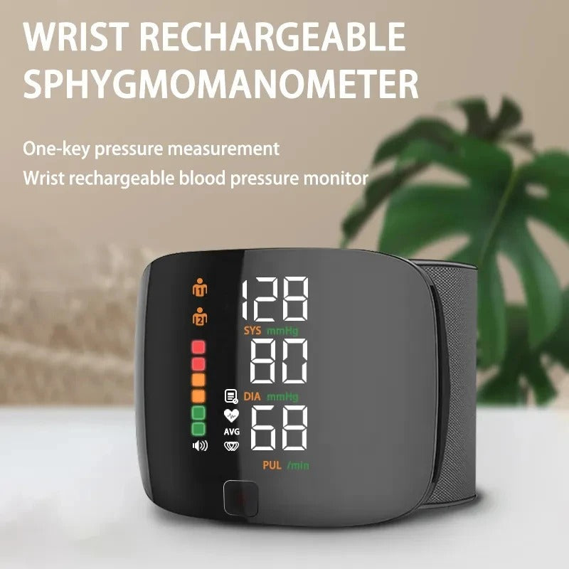 Black wrist rechargeable blood pressure monitor with LCD numbers: SYS, DIA, PUL
