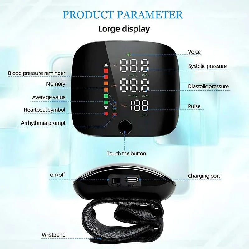 Wrist blood pressure monitor showing touch button and charging port