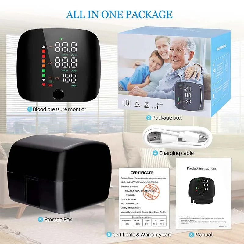 Wrist blood pressure monitor kit with wrist cuff, charging cable, and instructions