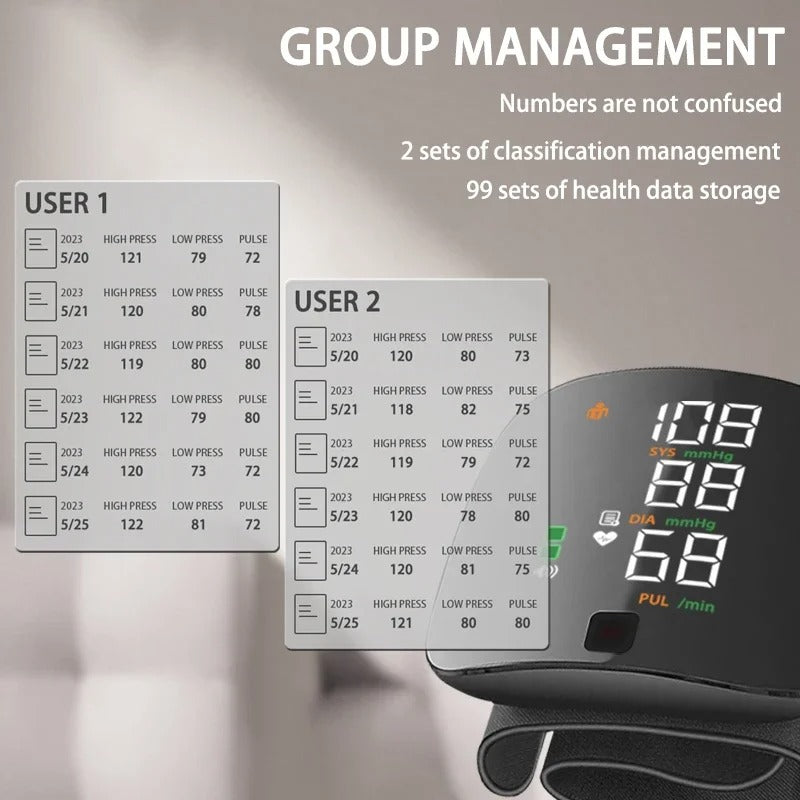 Wrist blood pressure monitor screen with group management data for users